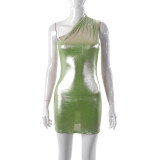 Solid casual bright face sleeveless diagonal shoulder slim short dress