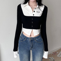 Women's short fashion color contrast fake two-piece single-breasted waistband slim long-sleeved T-shirt Women's short fashion color contrast fake two-piece single-breasted waistband slim long-sleeved T-shirt