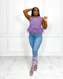 Back zip round neck solid color sleeveless patchwork feather tank top T-shirt