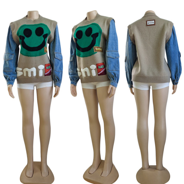 Denim stitching women's knitting sweater