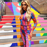 Body print long-sleeved bodysuit slim capris suit