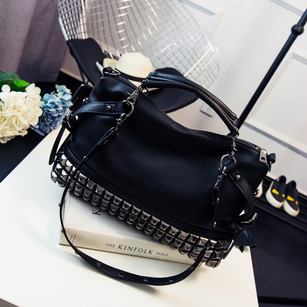 Large-capacity bag, litchi pattern, women's bag, fashionable rivet bag, one-shoulder diagonal cross portable punk bag