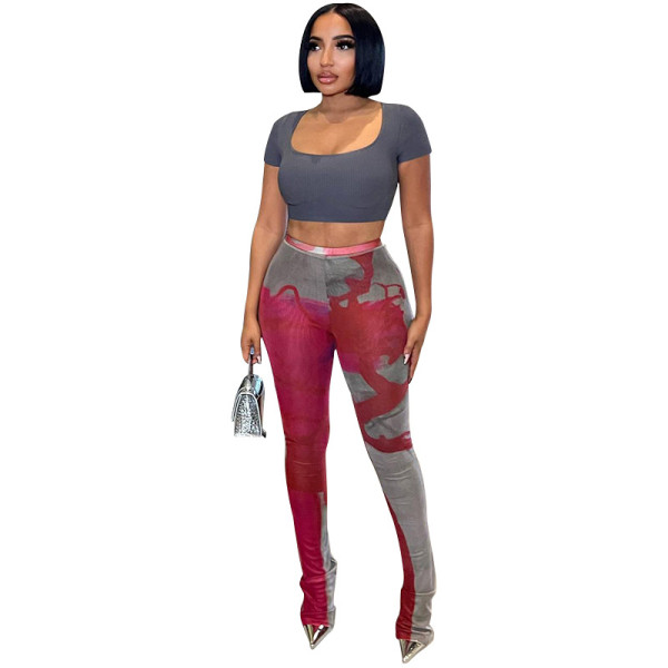 Fashionable contrast buttock slightly flared casual pants