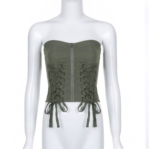 Women's solid color strapping zipper slimming waist work style bra