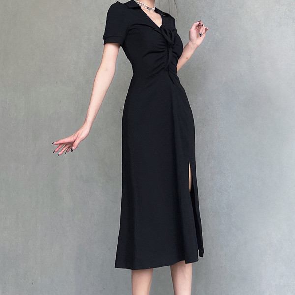 V-neck drawcord high slit slim dress