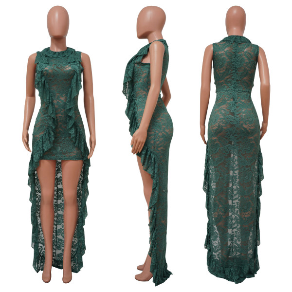 Women's lace sleeveless see-through long skirt with ruffle and floor dress