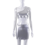 Solid color sexy one shoulder sleeveless navel exposed blouse short skirt suit