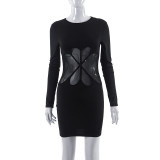 Women's plain casual patchwork mesh round neck high waist long sleeve slim short dress