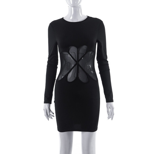 Women's plain casual patchwork mesh round neck high waist long sleeve slim short dress