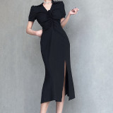 V-neck drawcord high slit slim dress