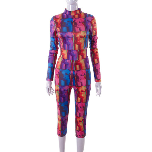 Body print long-sleeved bodysuit slim capris suit