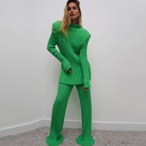 Fashion casual solid color slim high waist striped trousers