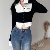Women's short fashion color contrast fake two-piece single-breasted waistband slim long-sleeved T-shirt