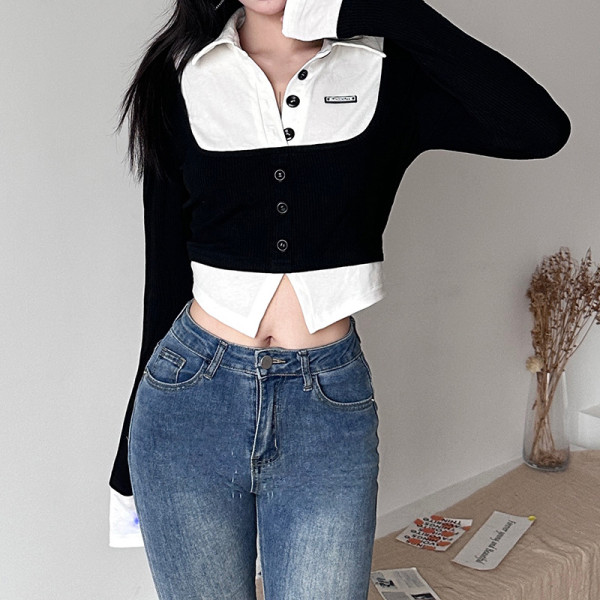 Women's short fashion color contrast fake two-piece single-breasted waistband slim long-sleeved T-shirt
