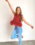 Back zip round neck solid color sleeveless patchwork feather tank top T-shirt