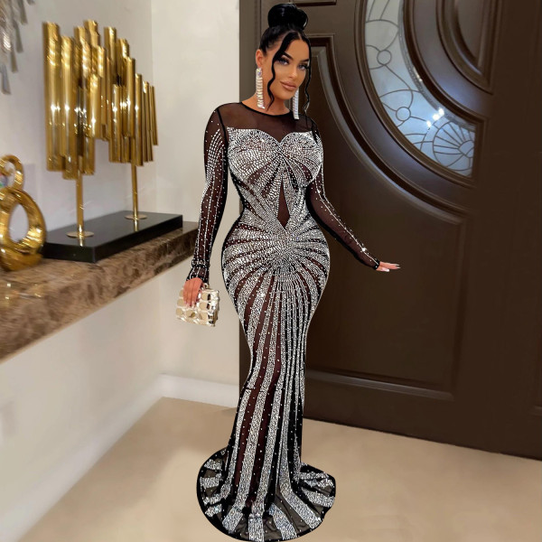 Women's pure color gauze perspective ironing long sleeve dress