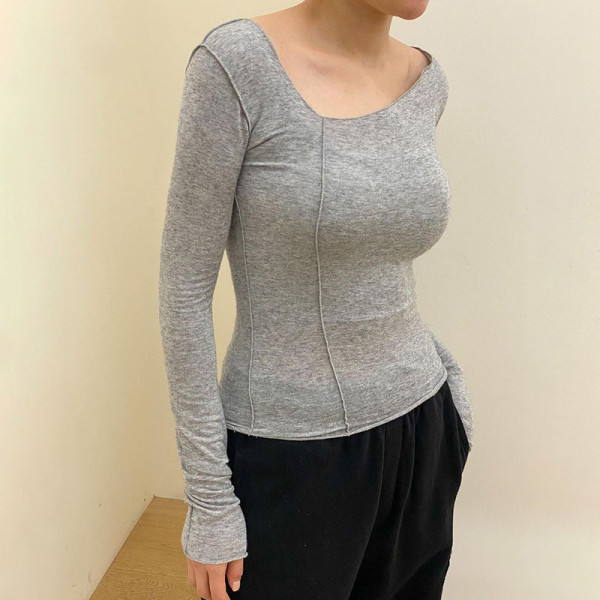 Asymmetrical reverse stitching long-sleeved slim T-shirt top