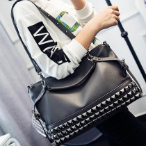Large-capacity bag, litchi pattern, women's bag, fashionable rivet bag, one-shoulder diagonal cross portable punk bag