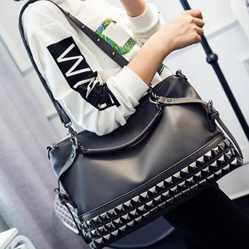 Large-capacity bag, litchi pattern, women's bag, fashionable rivet bag, one-shoulder diagonal cross portable punk bag