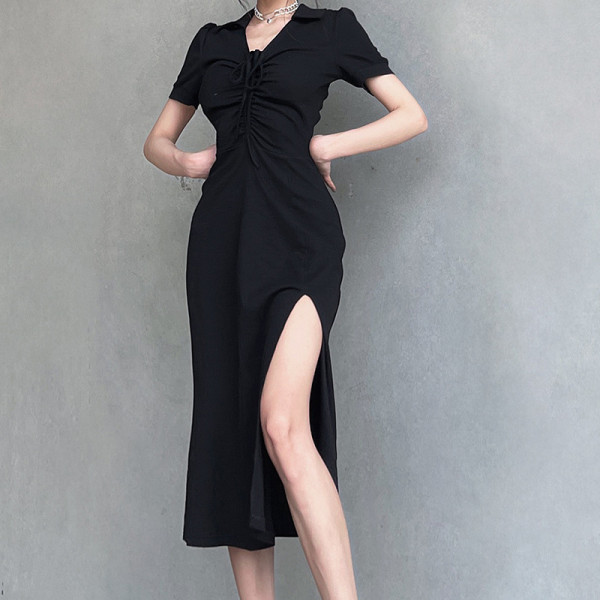 V-neck drawcord high slit slim dress