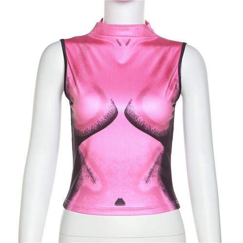 Women's sleeveless round neck fashion printing slim short t-shirt for women