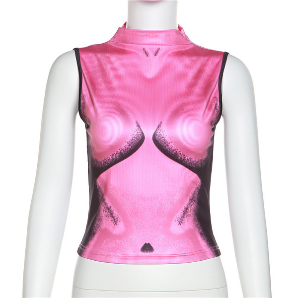 Women's sleeveless round neck fashion printing slim short t-shirt for women