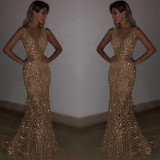 Evening dress women's long sleeveless sexy deep V sequin dress