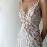 Sexy V-neck lace patchwork perspective satin high split temperament slim fitting sling dress