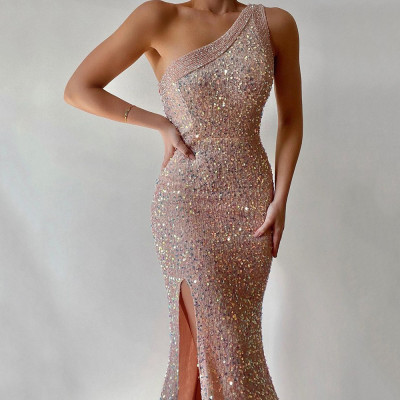 Pink split skirt single shoulder sequin dress