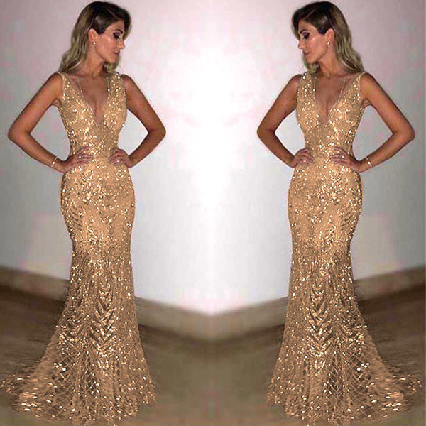 Evening dress women's long sleeveless sexy deep V sequin dress
