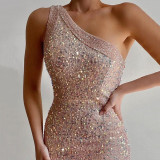 Pink split skirt single shoulder sequin dress