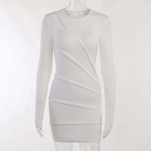 Round neck long sleeve solid color patchwork buttock skirt sexy slim design casual dress