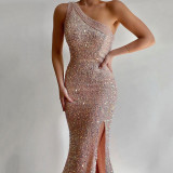 Pink split skirt single shoulder sequin dress