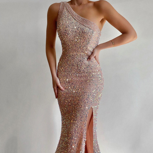 Pink split skirt single shoulder sequin dress