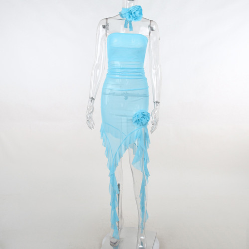 Mesh Perspective Flower Sexy Waist Wrapping Dress
