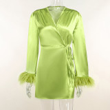 Polka dot skirt with wool sleeve V-neck casual party skirt short dress