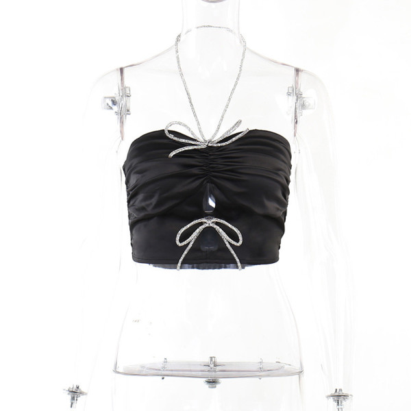 Backless Party Vest Female Sexy Diamond Bow Neck Cut Out Top