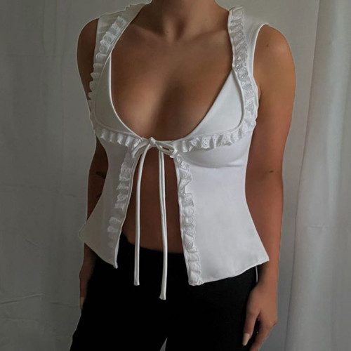 Pleated small lace sexy strapping hollowed-out top temperament casual hot girl exposed navel versatile T-shirt