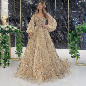 Golden heavy work beaded luxury evening dress sexy celebrity glamour queen dress