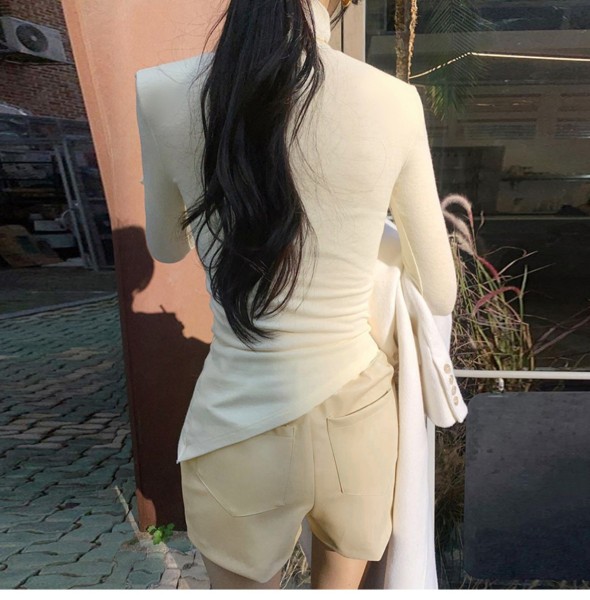 Temperament casual high-necked shirt with diagonal hem design sense Slim fit and slim bottom