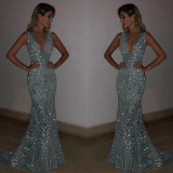 Evening dress women's long sleeveless sexy deep V sequin dress