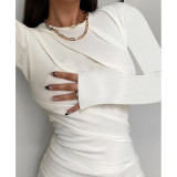 Round neck long sleeve solid color patchwork buttock skirt sexy slim design casual dress