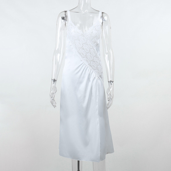 Sexy V-neck lace patchwork perspective satin high split temperament slim fitting sling dress