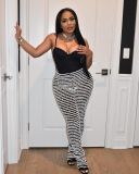Women's loose sports pants fluffy black and white striped casual pants