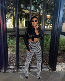 Women's loose sports pants fluffy black and white striped casual pants
