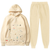 Graffiti plush suit trend fashion unisex hooded trousers suit