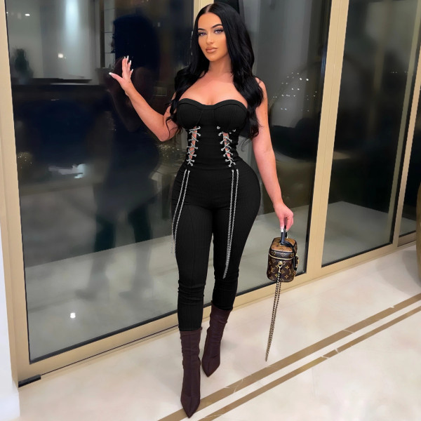 Women's sexy bra side corn-eye metal chain waist up jumpsuit