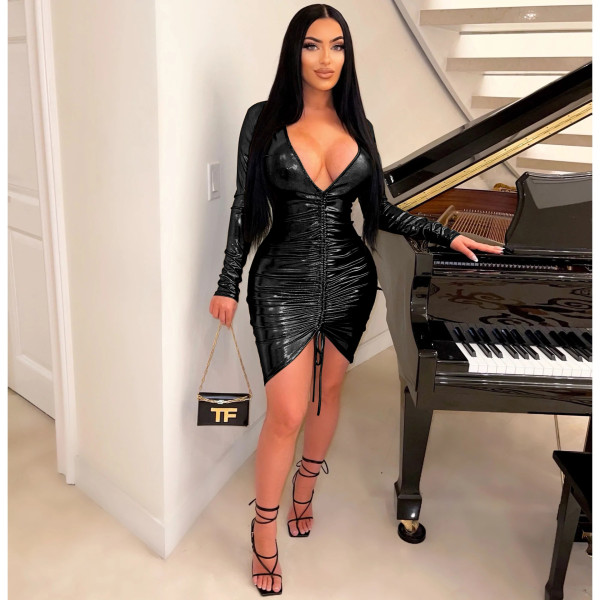 Fashion sexy deep V long-sleeved drawstring buttocks nightclub tight-fitting dress