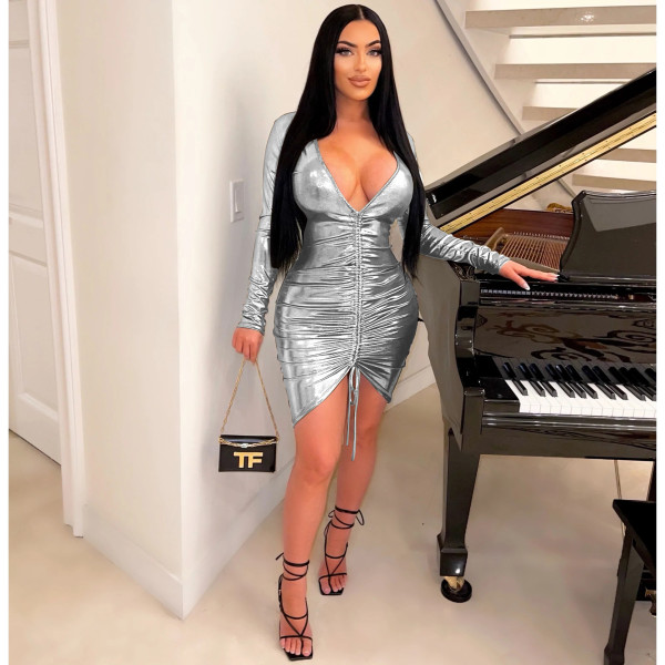 Fashion sexy deep V long-sleeved drawstring buttocks nightclub tight-fitting dress