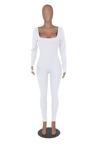 Solid color square neck back deep V long sleeve yoga fitness jumpsuit